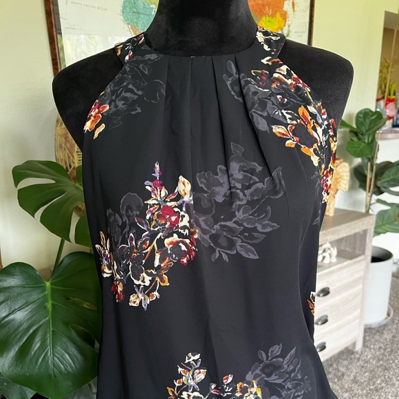 Violet & Claire Tops - Violet & Claire Black Floral Halter Camisole with Burgundy and Gold Accents
